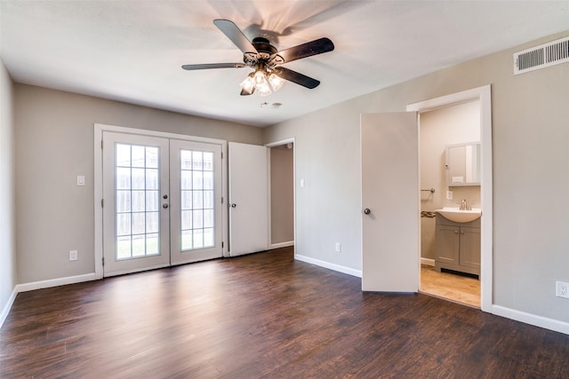 4430 Chapman St, The Colony, TX 75056 - interior space with ceiling fan, french doors, dark wood finished floors, baseboards, and visible vents
