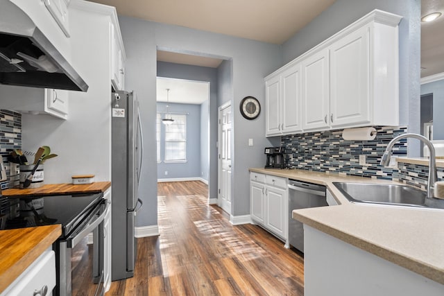 kitchen with stainless steel appliances, a sink, tasteful backsplash, baseboards, and under cabinet range hood