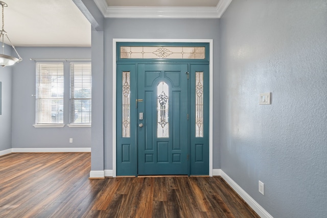 entryway featuring baseboards, dark wood-style flooring, and crown molding