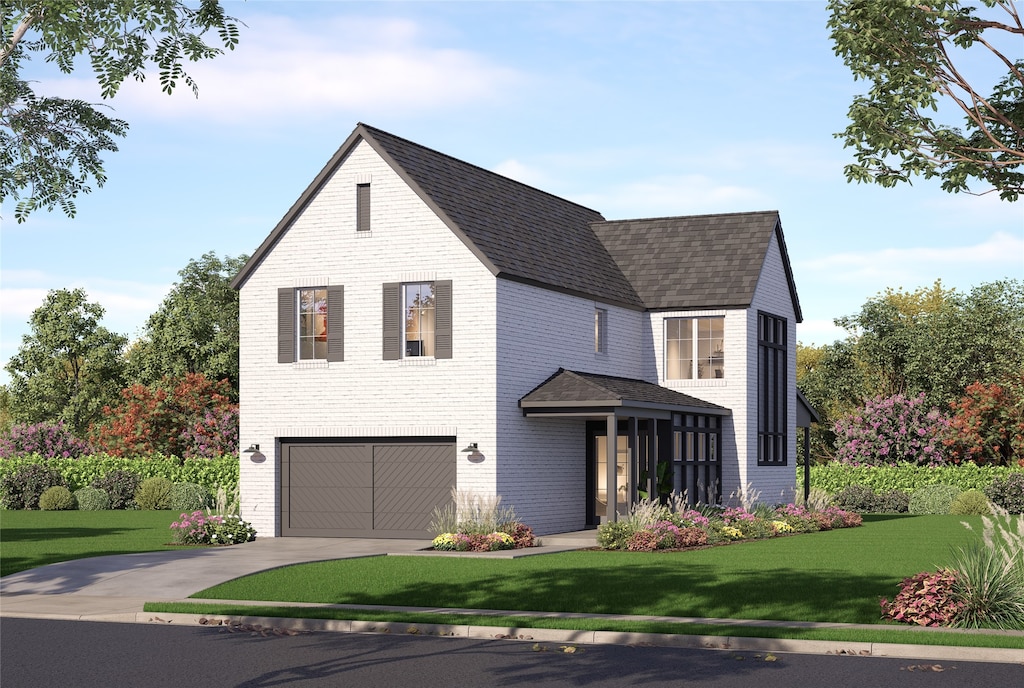 9604 Mav Ln, Dallas, TX 75238 - modern farmhouse with a front lawn, roof with shingles, driveway, brick siding, and a garage