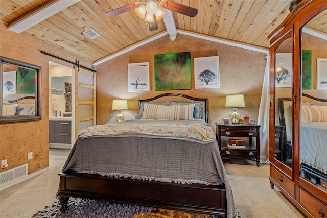carpeted bedroom with wood ceiling, visible vents, and a barn door