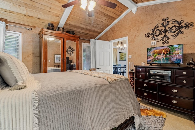 bedroom with wood ceiling, vaulted ceiling with beams, and ceiling fan with notable chandelier
