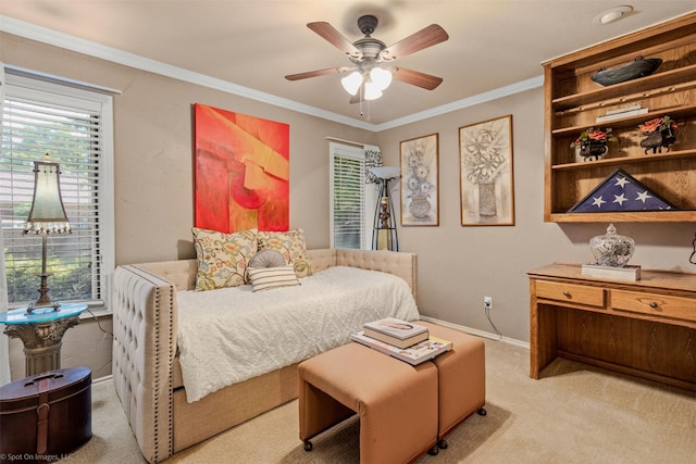 bedroom with baseboards, carpet flooring, ornamental molding, and multiple windows