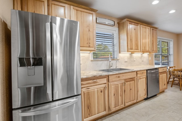 314 Cedar, Mount Pleasant, TX 75455 - kitchen featuring light brown cabinets, tasteful backsplash, stainless steel appliances, and recessed lighting