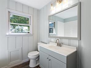bathroom with toilet, vanity, and wood finished floors