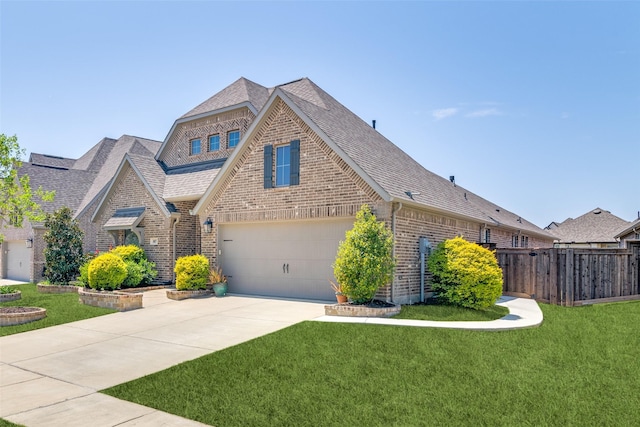 view of front facade with fence, a front lawn, concrete driveway, brick siding, and a garage