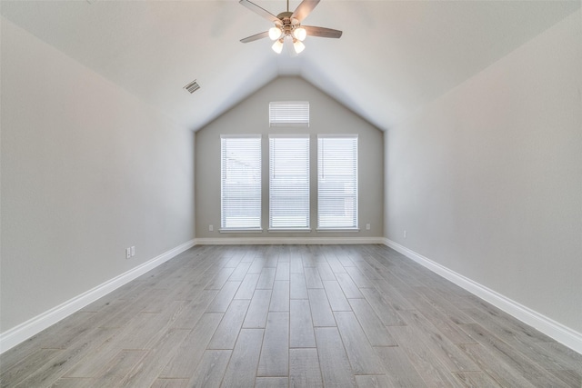 unfurnished room featuring ceiling fan, baseboards, light wood-style floors, and visible vents