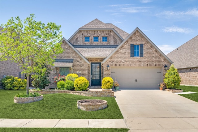view of front of property featuring brick siding, driveway, a shingled roof, and a front lawn
