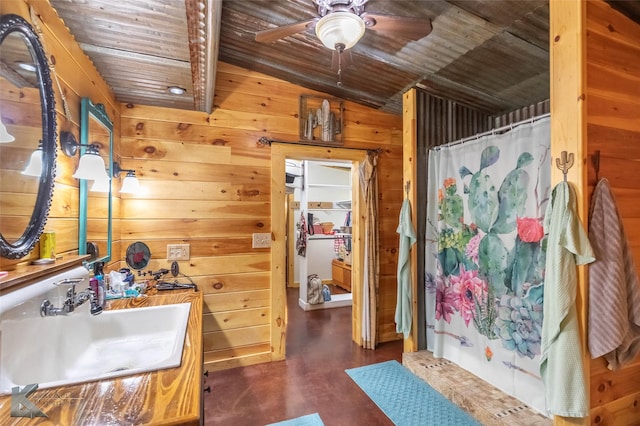 full bathroom with wooden walls, wood ceiling, ceiling fan, a shower with curtain, and lofted ceiling