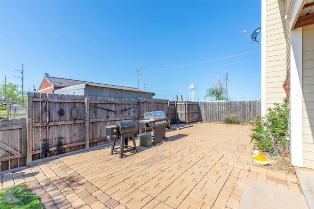 view of patio / terrace featuring a fenced backyard and a grill