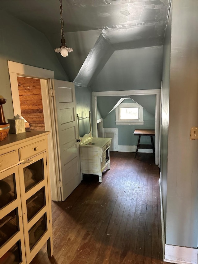 bedroom featuring lofted ceiling and dark wood-type flooring