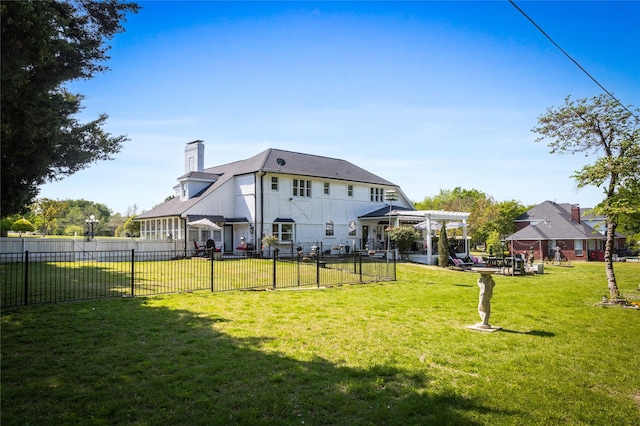 back of property featuring a pergola, a yard, and fence