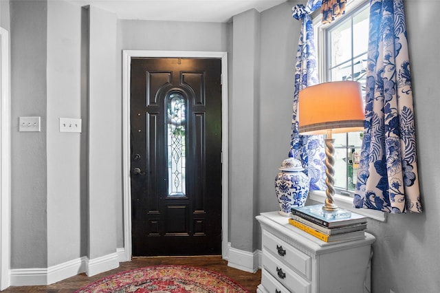 foyer entrance with baseboards, a healthy amount of sunlight, and wood finished floors