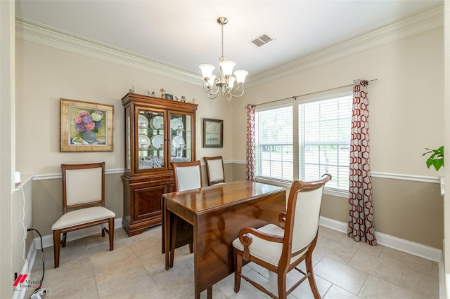 office with visible vents, light tile patterned floors, crown molding, baseboards, and a notable chandelier