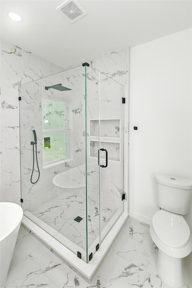 bathroom with marble finish floor, visible vents, toilet, a marble finish shower, and baseboards