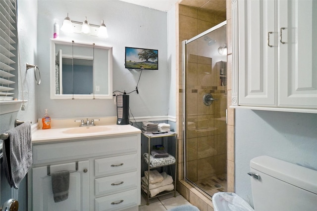 full bath with vanity, tile patterned floors, a shower stall, and toilet