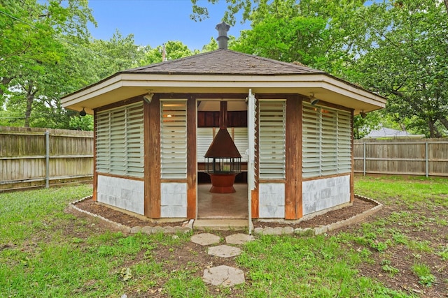 view of outbuilding with an outdoor structure and a fenced backyard
