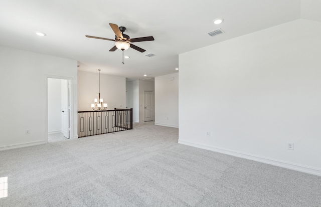 3470 Marginal Dr, Mckinney, TX 75071 - spare room featuring a chandelier, ceiling fan, light colored carpet, recessed lighting, and baseboards