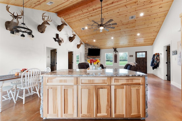 kitchen featuring concrete flooring, visible vents, and wooden ceiling