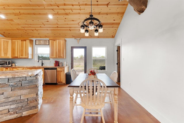 dining space with finished concrete floors, wooden ceiling, baseboards, a notable chandelier, and recessed lighting