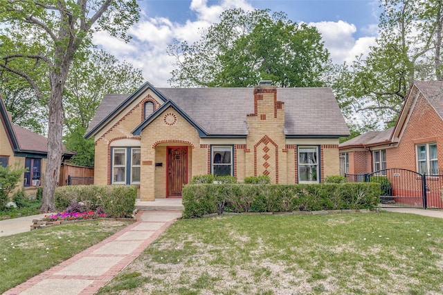 tudor home with brick siding, a chimney, a front lawn, and fence