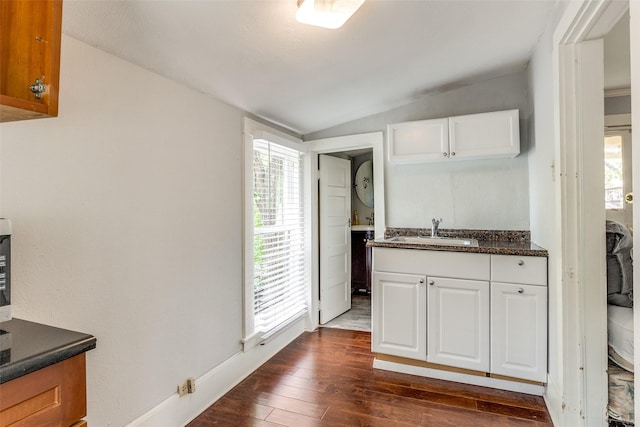 kitchen featuring vaulted ceiling, dark wood-style flooring, a sink, and a healthy amount of sunlight