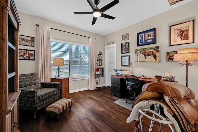 home office with dark wood finished floors, visible vents, a ceiling fan, and baseboards