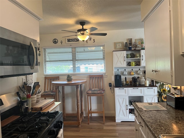 108 E Neely Ave, Comanche, TX 76442 - kitchen featuring stainless steel appliances, white cabinetry, wood finished floors, ceiling fan, and open shelves