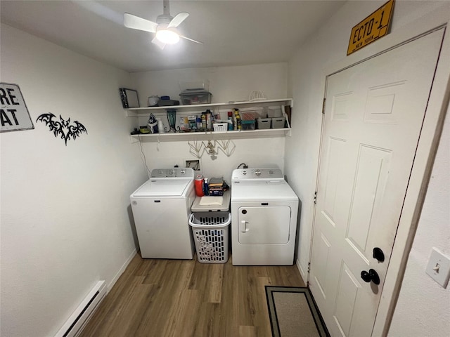 108 E Neely Ave, Comanche, TX 76442 - washroom with a baseboard radiator, a ceiling fan, wood finished floors, laundry area, and independent washer and dryer
