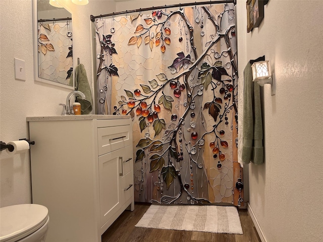 108 E Neely Ave, Comanche, TX 76442 - full bathroom featuring a shower with curtain, toilet, baseboards, wood finished floors, and a textured wall