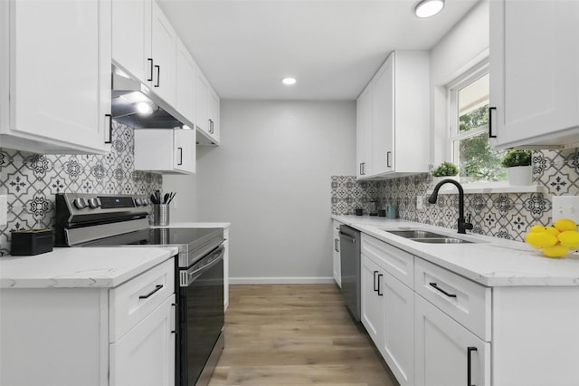 kitchen featuring under cabinet range hood, tasteful backsplash, stainless steel appliances, and a sink