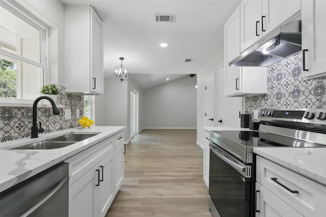 kitchen with a sink, appliances with stainless steel finishes, backsplash, under cabinet range hood, and visible vents