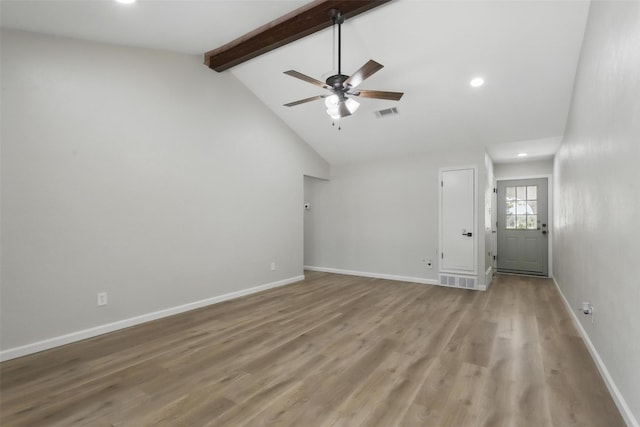 unfurnished living room with vaulted ceiling with beams, ceiling fan, light wood finished floors, baseboards, and recessed lighting