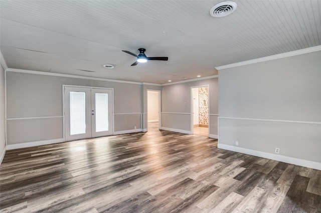 unfurnished living room with recessed lighting, wood finished floors, visible vents, ornamental molding, and french doors