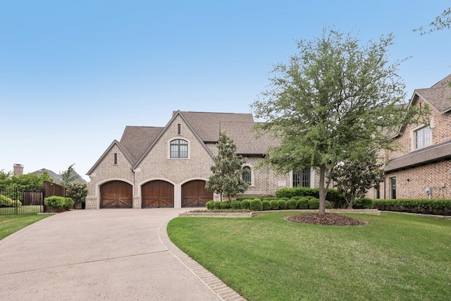 french country style house with driveway, a front yard, a garage, fence, and a shingled roof