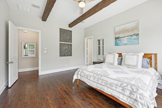 bedroom with baseboards, ceiling fan, beamed ceiling, and wood finished floors