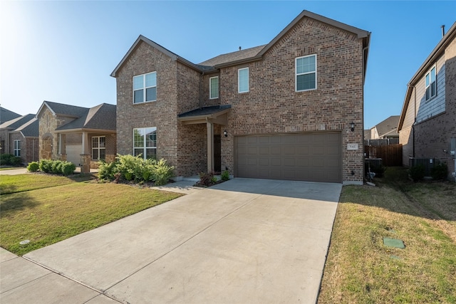 542 Freed Dr, Fate, TX 75087 - traditional-style home featuring brick siding, an attached garage, concrete driveway, and central AC unit