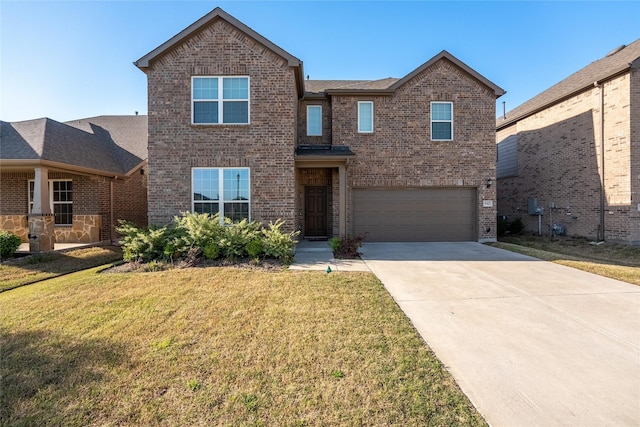 542 Freed Dr, Fate, TX 75087 - traditional home featuring brick siding, an attached garage, driveway, and a front yard