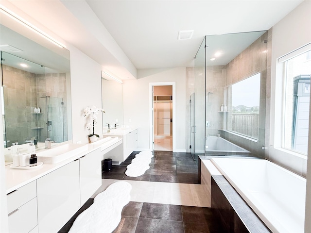 4011 Woodbine Ln, Prosper, TX 75078 - full bath with a bath, a shower stall, a sink, and a healthy amount of sunlight
