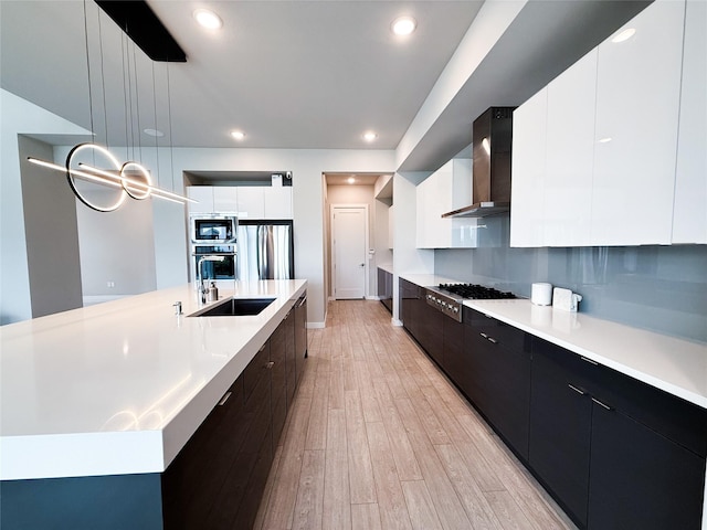 4011 Woodbine Ln, Prosper, TX 75078 - kitchen featuring wall chimney range hood, modern cabinets, light countertops, a sink, and stainless steel appliances
