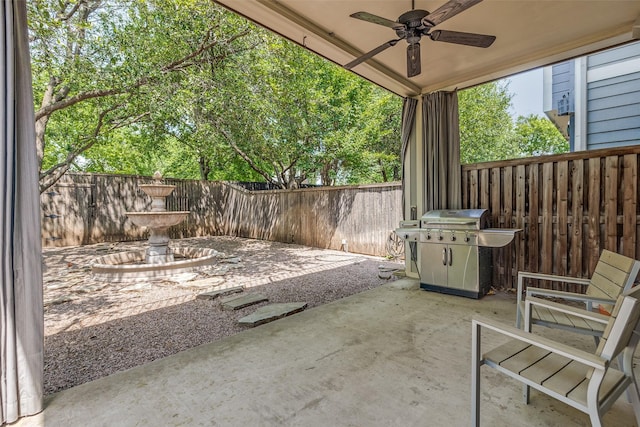 4523 W University Blvd, Dallas, TX 75209 - fenced backyard featuring a patio area, a ceiling fan, and a grill