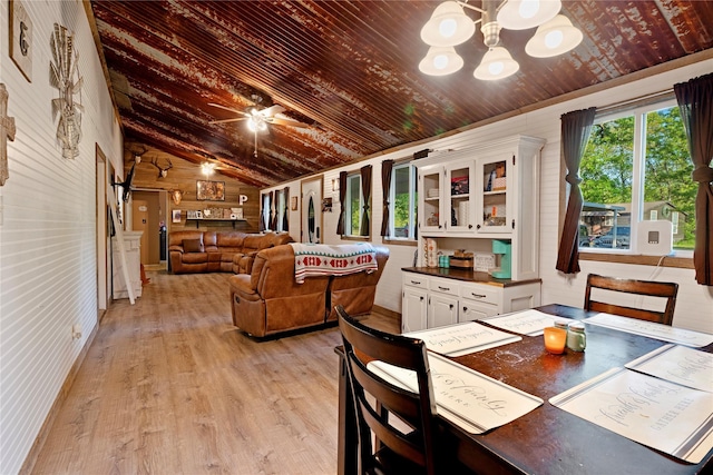 28 Private Road 45075, Powderly, TX 75473 - dining area featuring lofted ceiling, wood walls, light wood-type flooring, wood ceiling, and ceiling fan with notable chandelier