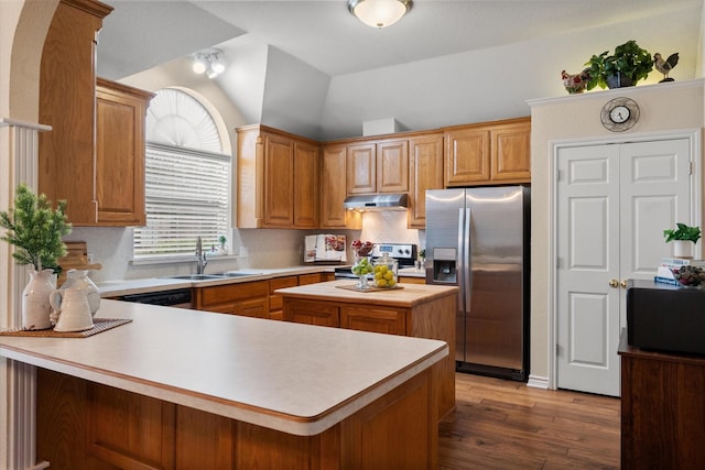 kitchen with stainless steel appliances, a sink, light wood-style floors, light countertops, and under cabinet range hood