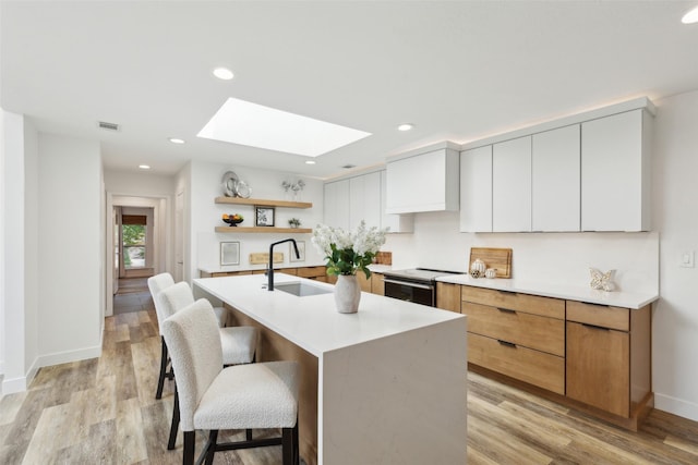 5724 Still Forest Dr, Dallas, TX 75252 - kitchen with open shelves, a skylight, a sink, a breakfast bar, and light countertops