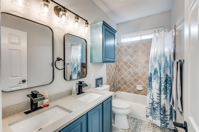 bathroom with double vanity, toilet, shower / tub combo with curtain, and a sink