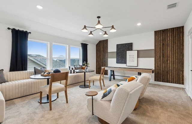 living room featuring a chandelier, visible vents, light carpet, and recessed lighting