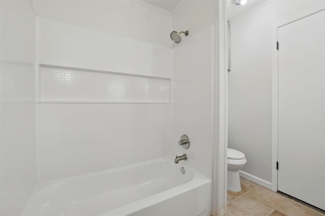 bathroom featuring crown molding, tile patterned flooring,  shower combination, and toilet