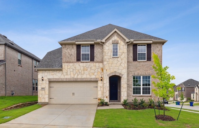 1624 Cottonwood Valley Dr, Celina, TX 75009 - traditional-style house featuring stone siding, concrete driveway, a front yard, and a shingled roof