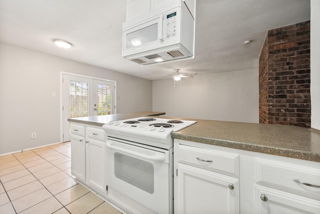 6606 Greenfield Dr, Arlington, TX 76016 - kitchen with white cabinets, a ceiling fan, french doors, light tile patterned flooring, and white appliances