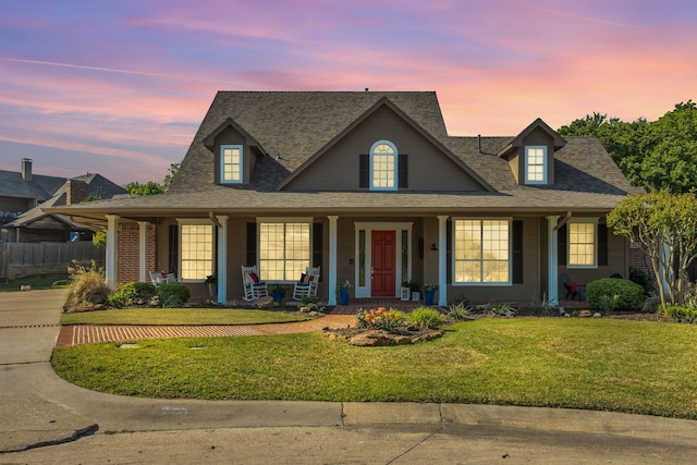 view of front facade featuring a lawn, a shingled roof, and covered porch